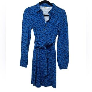Boden Womens 2R Shirt Dress Blue Floral Knit Long Sleeve Cotton Knee Length